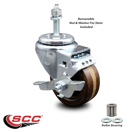 Service Caster 3 Inch High Temp Phenolic Wheel Swivel 3/8 Inch Threaded Stem Caster with Brake SCC-TS20S314-PHRHT-TLB-381615